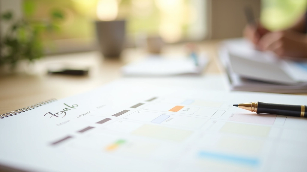 Calendario da scrivania con date evidenziate, pianificazione visibile, matita e caffè accanto, luce calda naturale