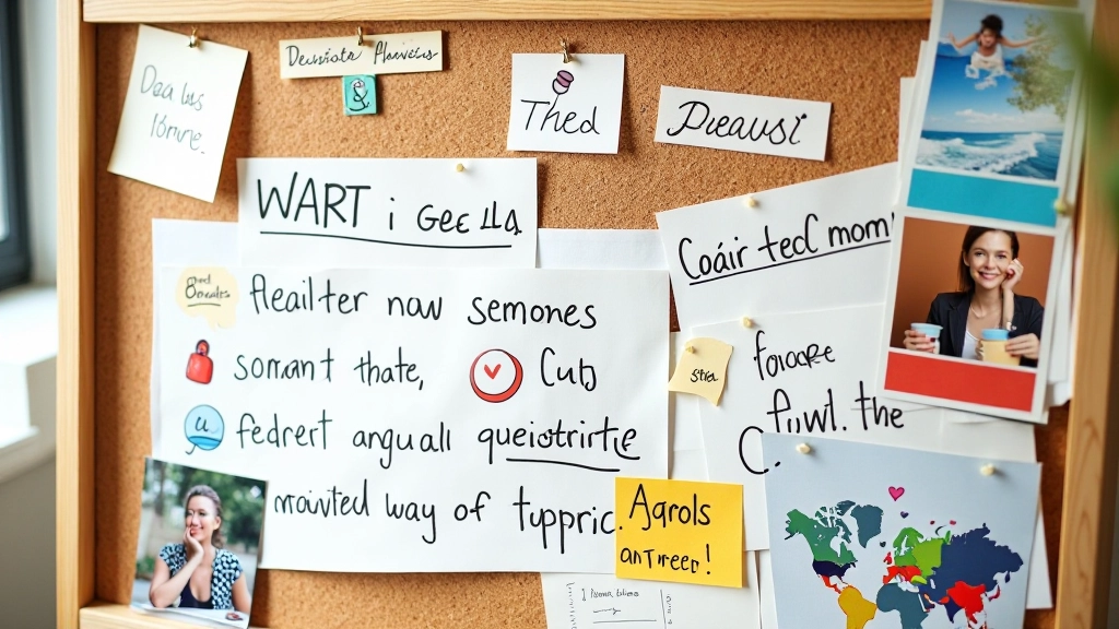 Bacheca con immagini ritagliate da riviste, colori vivaci, fotografie ispirazionali, layout creativo con scritte motivazionali