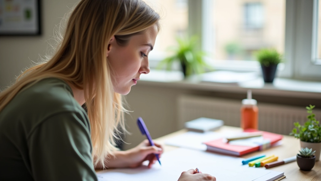 Persona che pianifica obiettivi con notebook, matite colorate e lavagna in background, workspace creativo e organizzato