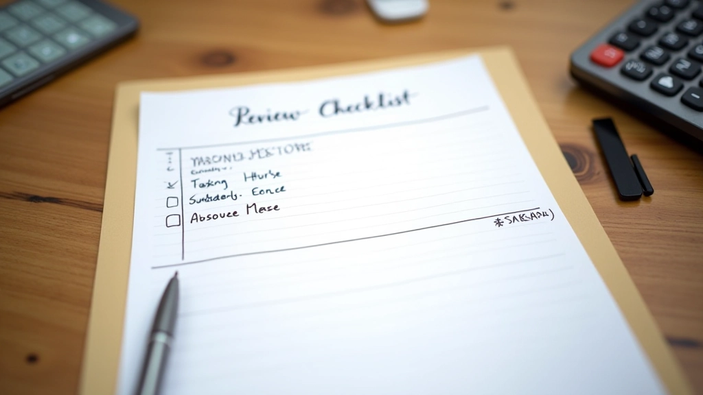 Foglio di revisione con liste di controllo e annotazioni manoscritte, penna e calcolatrice sul tavolo