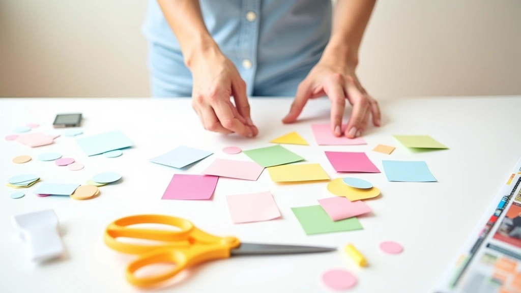 Mani che dispongono immagini ritagliate su una superficie, forbici, colla, riviste colorate, processo creativo di assemblaggio della bacheca