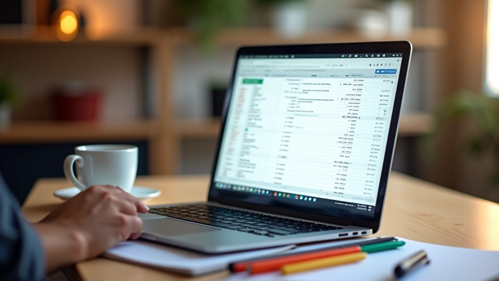 Laptop aperto con un foglio di calcolo di tracking dei progressi, accanto a una tazza di caffè e penne colorate su una scrivania moderna