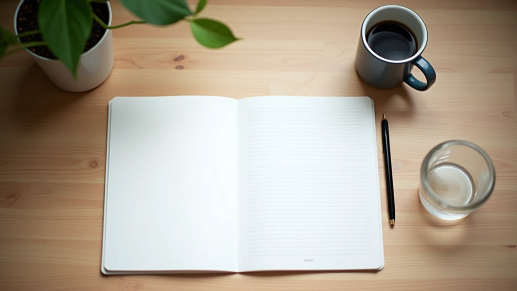 Spazio di lavoro moderno con notebook aperto, penna e caffè su scrivania in legno con luce naturale del mattino