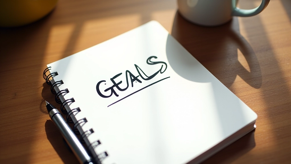 Notebook aperto con una penna e un caffè su una scrivania in legno, luce naturale del mattino