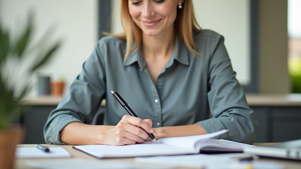 Persona che scrive obiettivi in un taccuino con una penna, scrivania luminosa con documenti ordinati, fuoco netto sul foglio