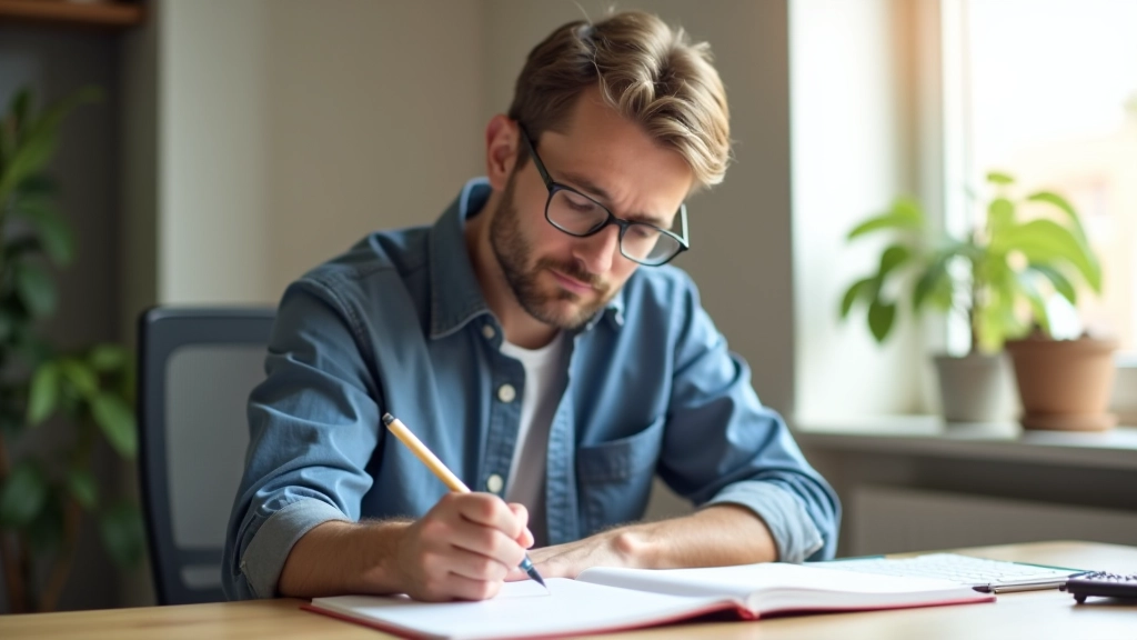 Persona che scrive in un quaderno durante una sessione di revisione trimestrale personale