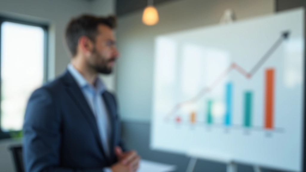 Persona che controlla il progresso su una lavagna con frecce ascendenti, ambiente di ufficio moderno, luce brillante e focus netto