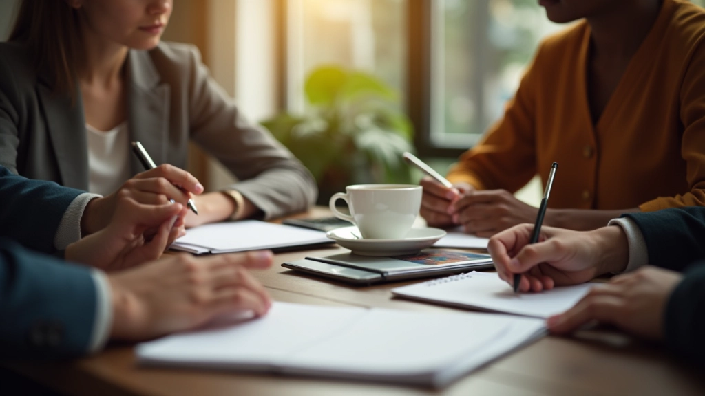 Due persone che discutono di obiettivi intorno a un tavolo con documenti e note visibili