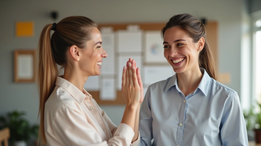 Due persone che si danno un high five davanti a una bacheca con obiettivi raggiunti e celebrazioni