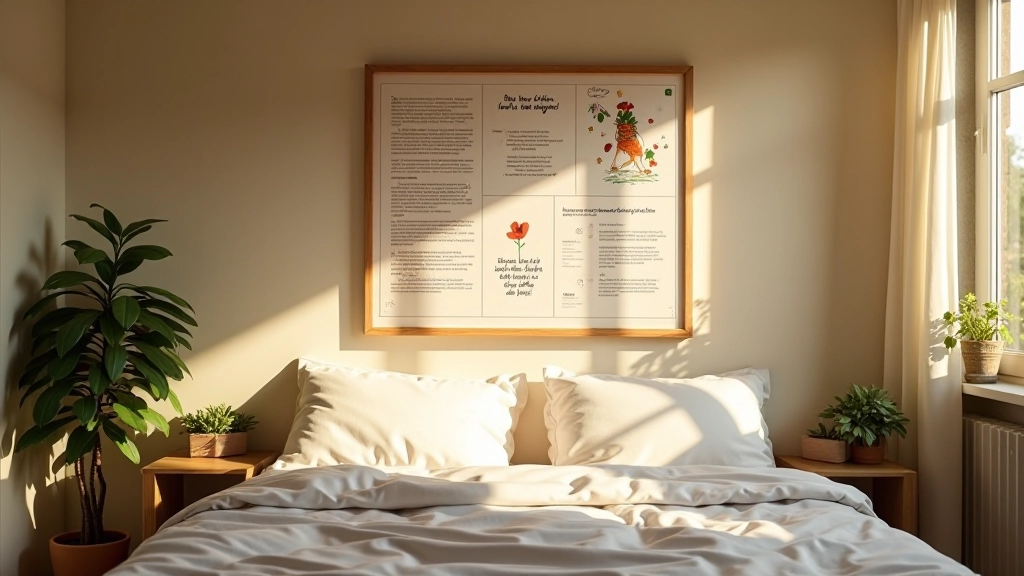 Vision board appesa a muro con illuminazione naturale della mattina, luce solare che entra dalla finestra, mostra dettagli e colori vibranti