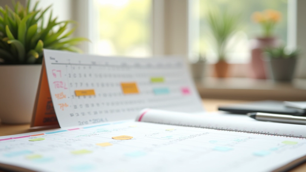 Calendario settimanale con appuntamenti evidenziati e note adesive su una scrivania luminosa