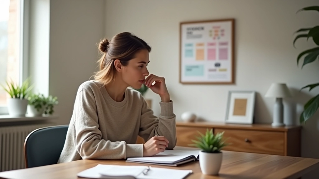 Persona seduta alla scrivania che esamina la sua vision board appesa al muro, prende appunti, riflette sui progressi raggiunti