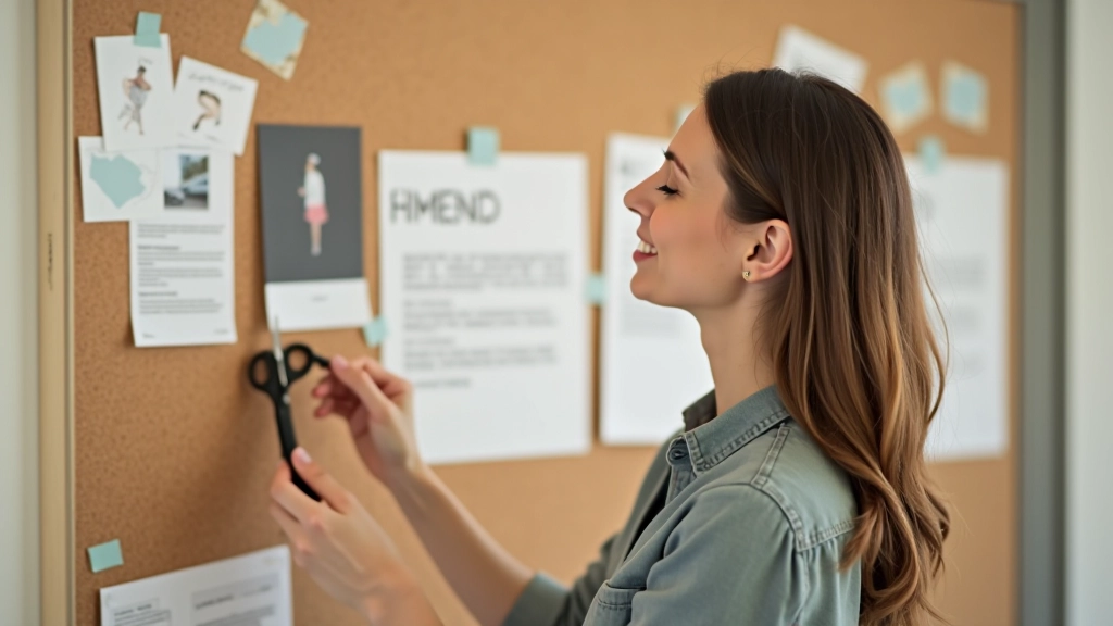 Persona che appunta immagini su una bacheca con le sue aspirazioni e sogni scritti